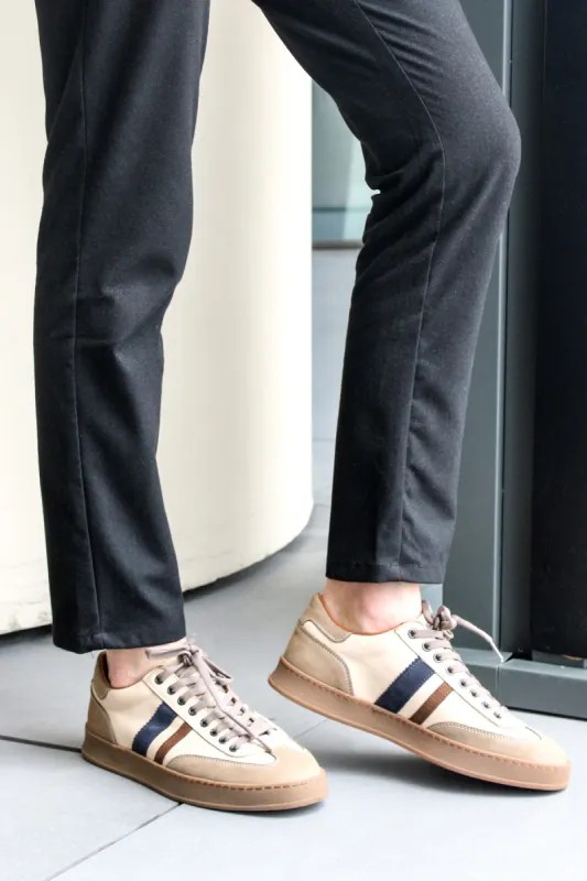 Men's Beige and Taupe Sneakers with Navy and Brown Accents - Wessi sold by Wessi