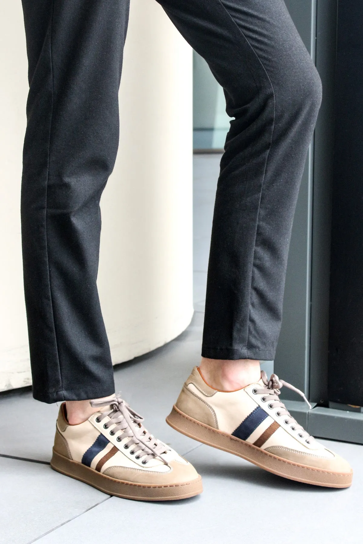 Men's Beige and Taupe Sneakers with Navy and Brown Accents - Wessi sold by Wessi