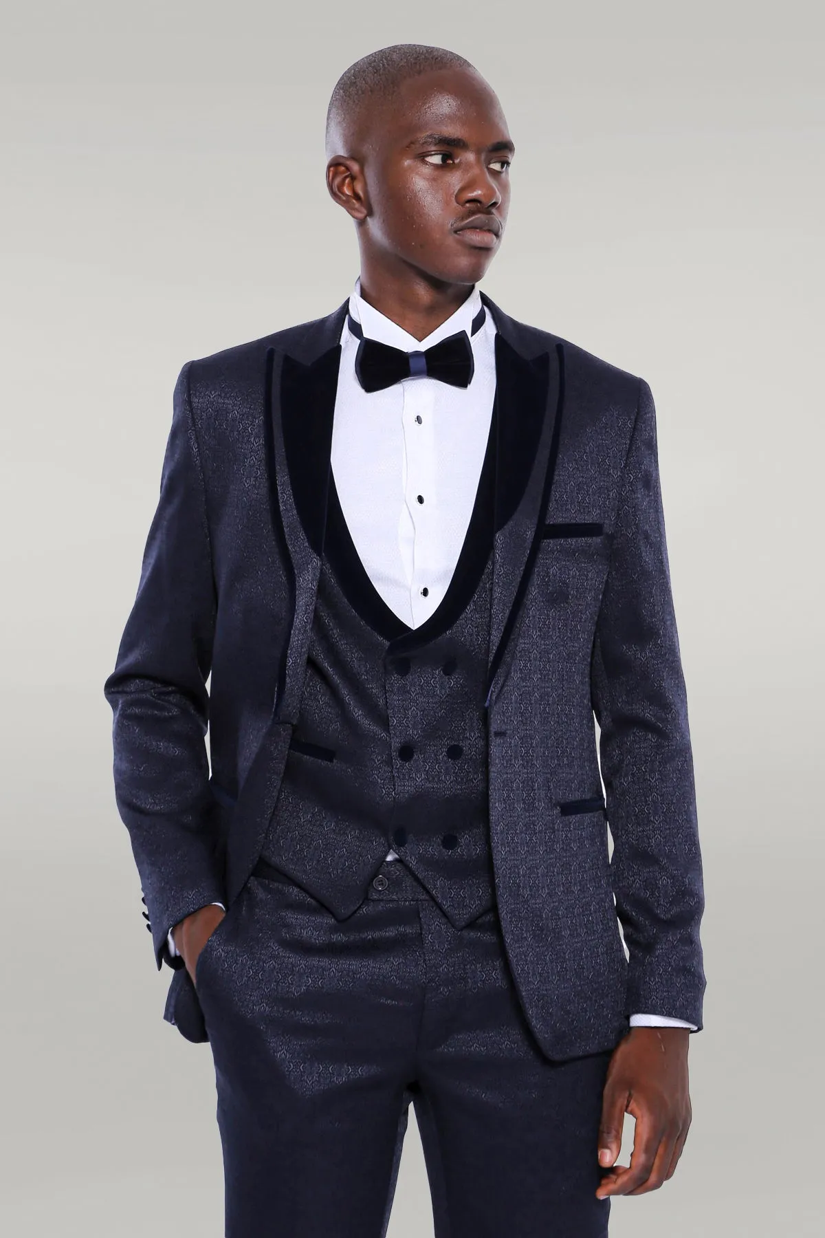 Velvet Lapel Patterned Navy Blue Tuxedo - Wessi sold by Wessi
