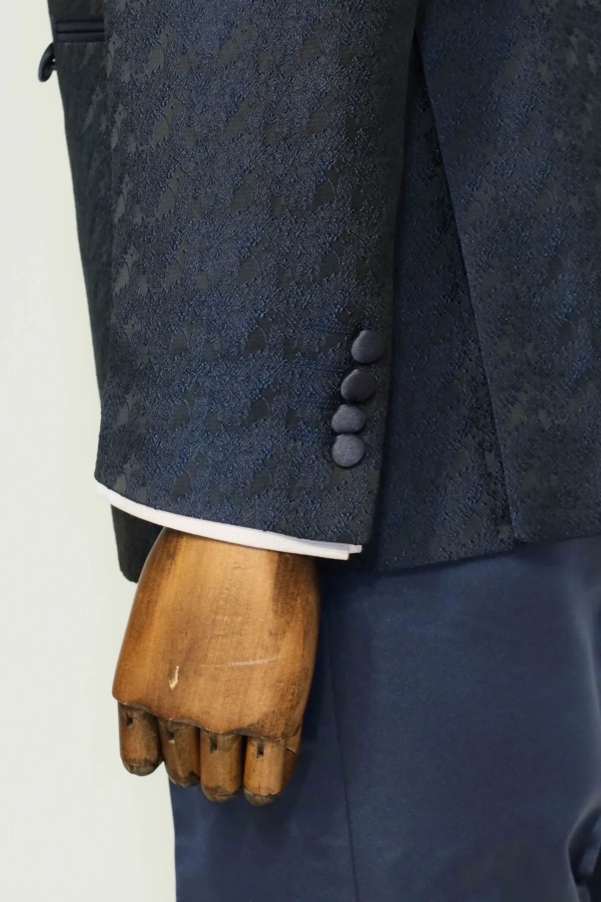 Satin Shawl Collar Patterned Double Breasted Navy Blue Men Tuxedo Suit - Wessi sold by Wessi product image thumbnail 5