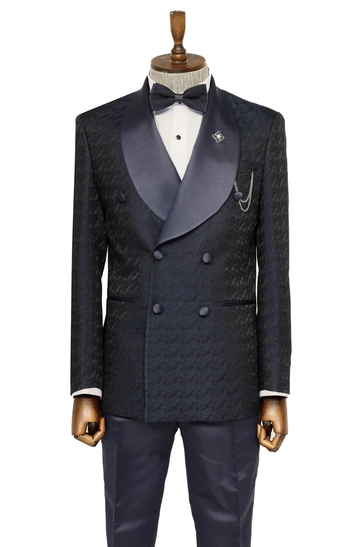 Satin Shawl Collar Patterned Double Breasted Navy Blue Men Tuxedo Suit - Wessi sold by Wessi