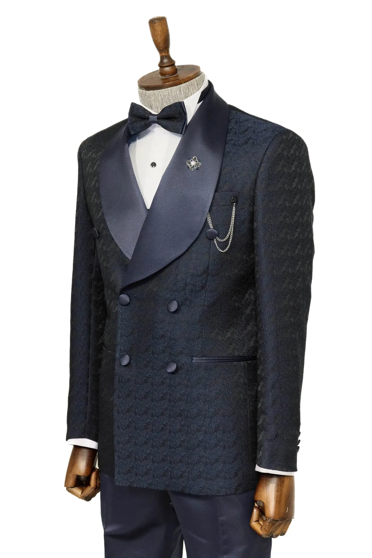 Satin Shawl Collar Patterned Double Breasted Navy Blue Men Tuxedo Suit - Wessi sold by Wessi product image thumbnail 4