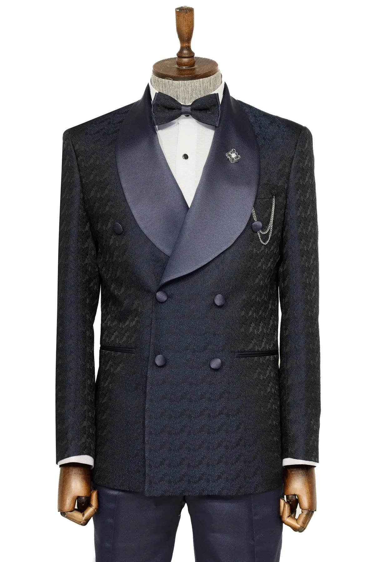 Satin Shawl Collar Patterned Double Breasted Navy Blue Men Tuxedo Suit - Wessi sold by Wessi product image thumbnail 2