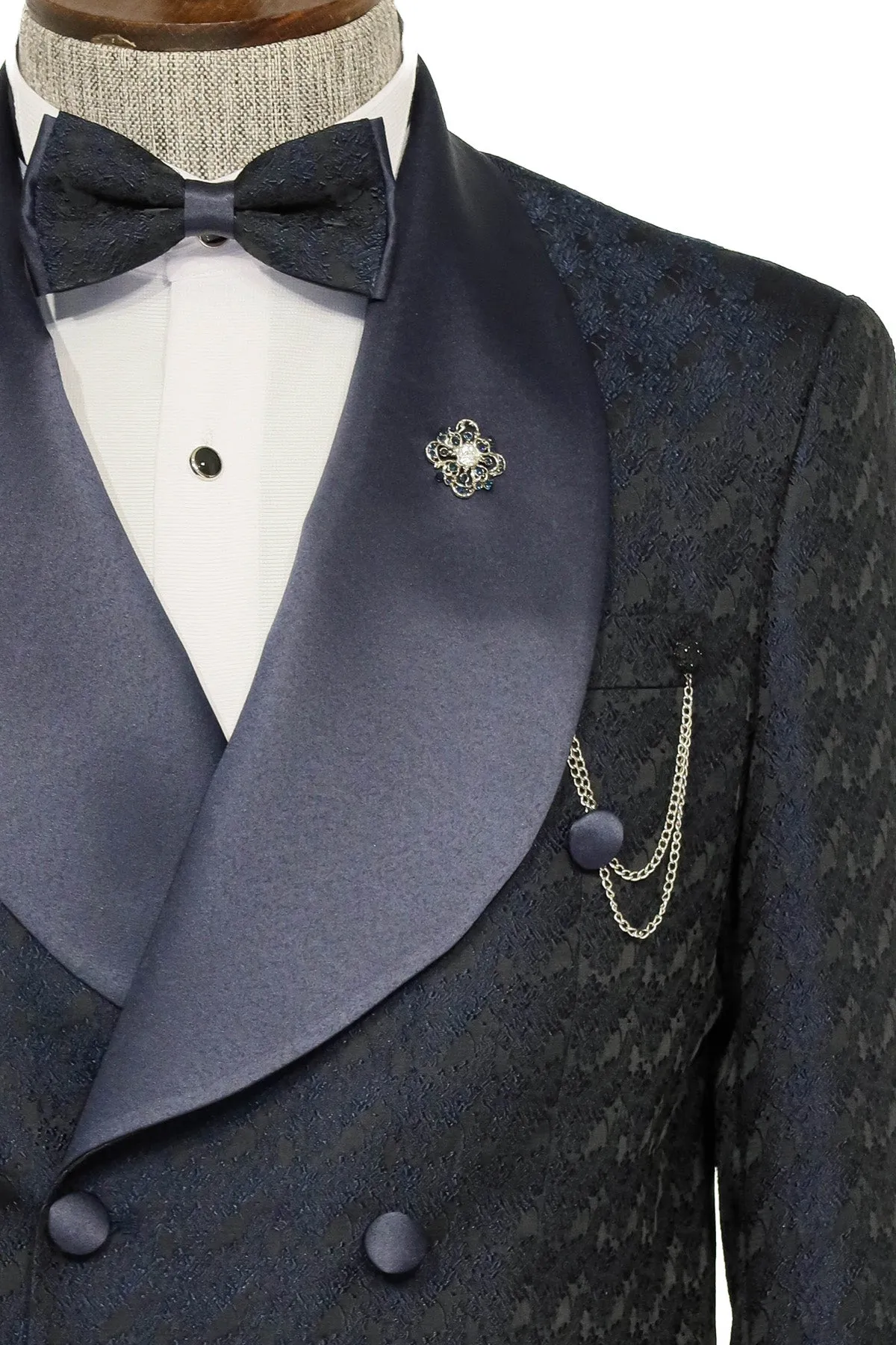 Satin Shawl Collar Patterned Double Breasted Navy Blue Men Tuxedo Suit - Wessi sold by Wessi product image thumbnail 3