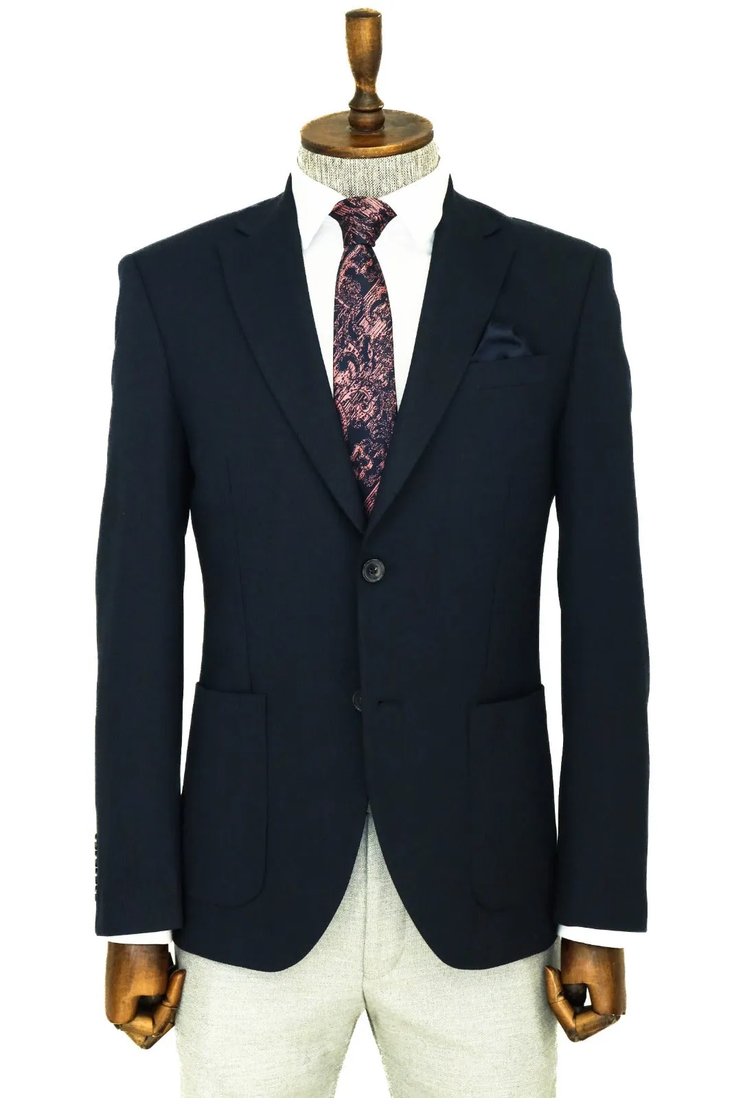 Textured Slim Fit Peak Lapel Navy Blue Men Blazer - Wessi sold by Wessi