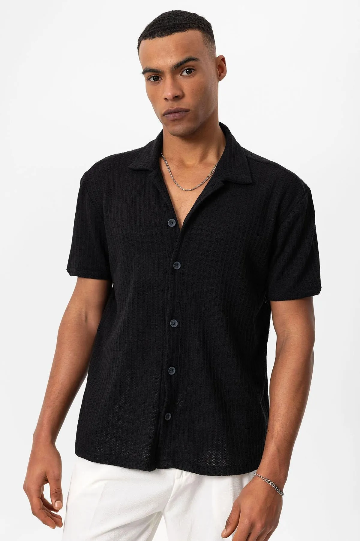 Men's Black Polo Collar Knit Short-Sleeve Shirt - Wessi sold by Wessi