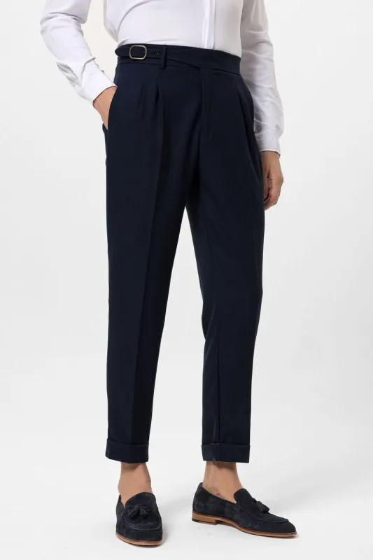 Men's Navy Blue High-Waisted Pleated Buckle Detail  Pants - Wessi sold by Wessi