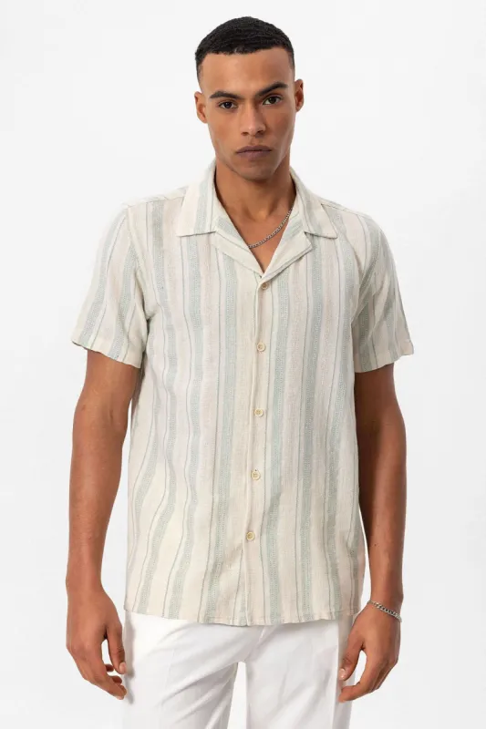 Khaki Camp Collar Striped Short Sleeve Men's Shirt - Wessi sold by Wessi