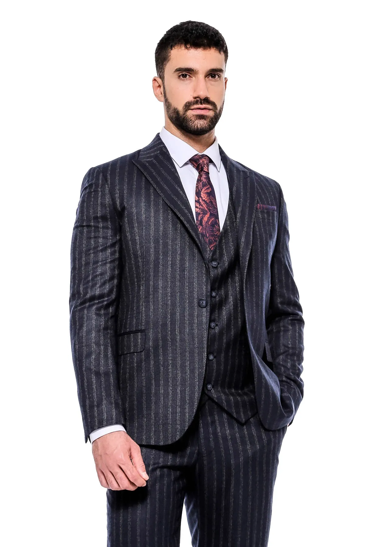 Navy Blue Striped Men's Vested Slim-Fit Suit - Wessi sold by Wessi