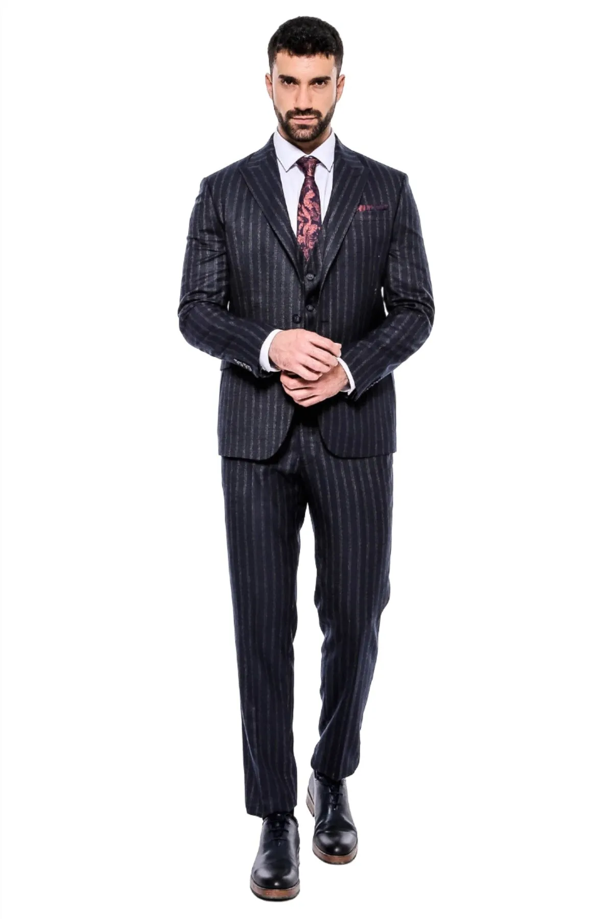 Navy Blue Striped Men's Vested Slim-Fit Suit - Wessi sold by Wessi product image thumbnail 2