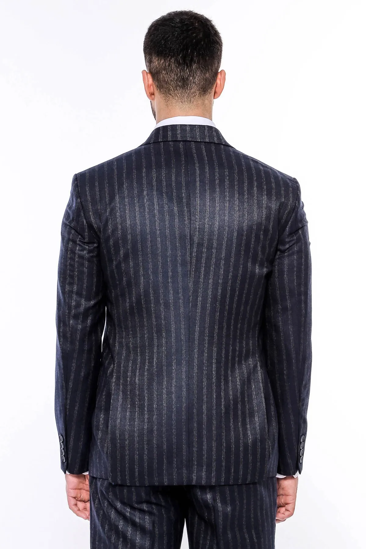 Navy Blue Striped Men's Vested Slim-Fit Suit - Wessi sold by Wessi product image thumbnail 4