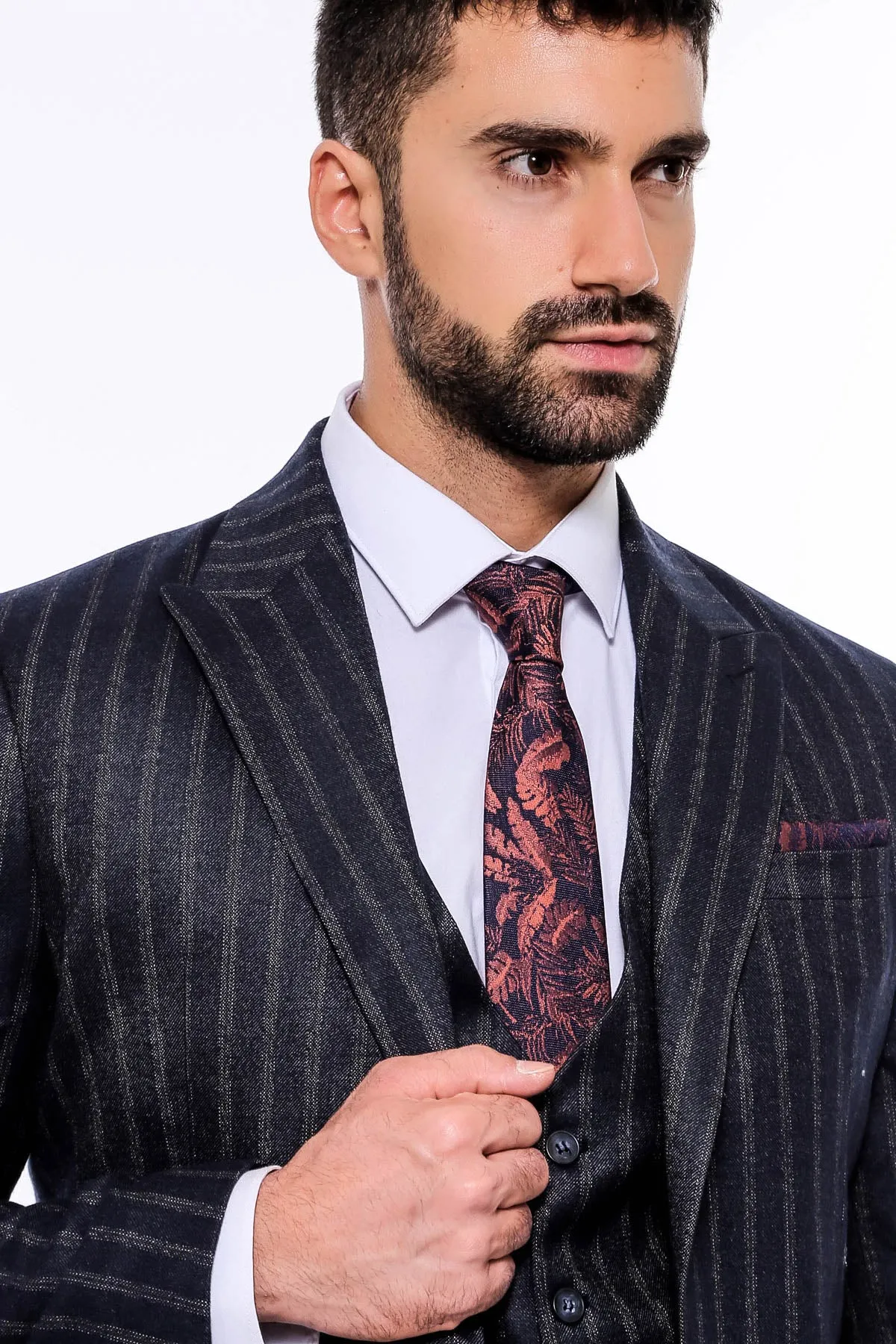 Navy Blue Striped Men's Vested Slim-Fit Suit - Wessi sold by Wessi product image thumbnail 3