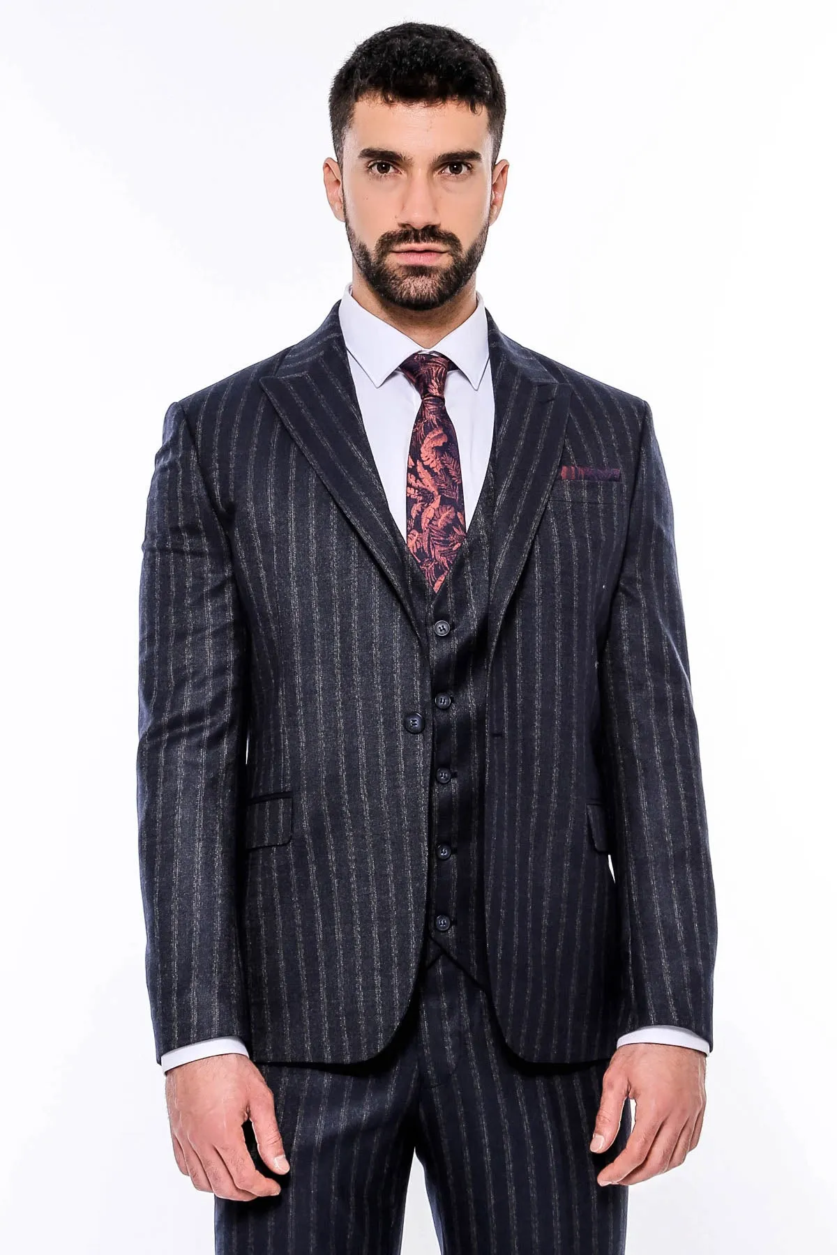 Navy Blue Striped Men's Vested Slim-Fit Suit - Wessi sold by Wessi product image thumbnail 5
