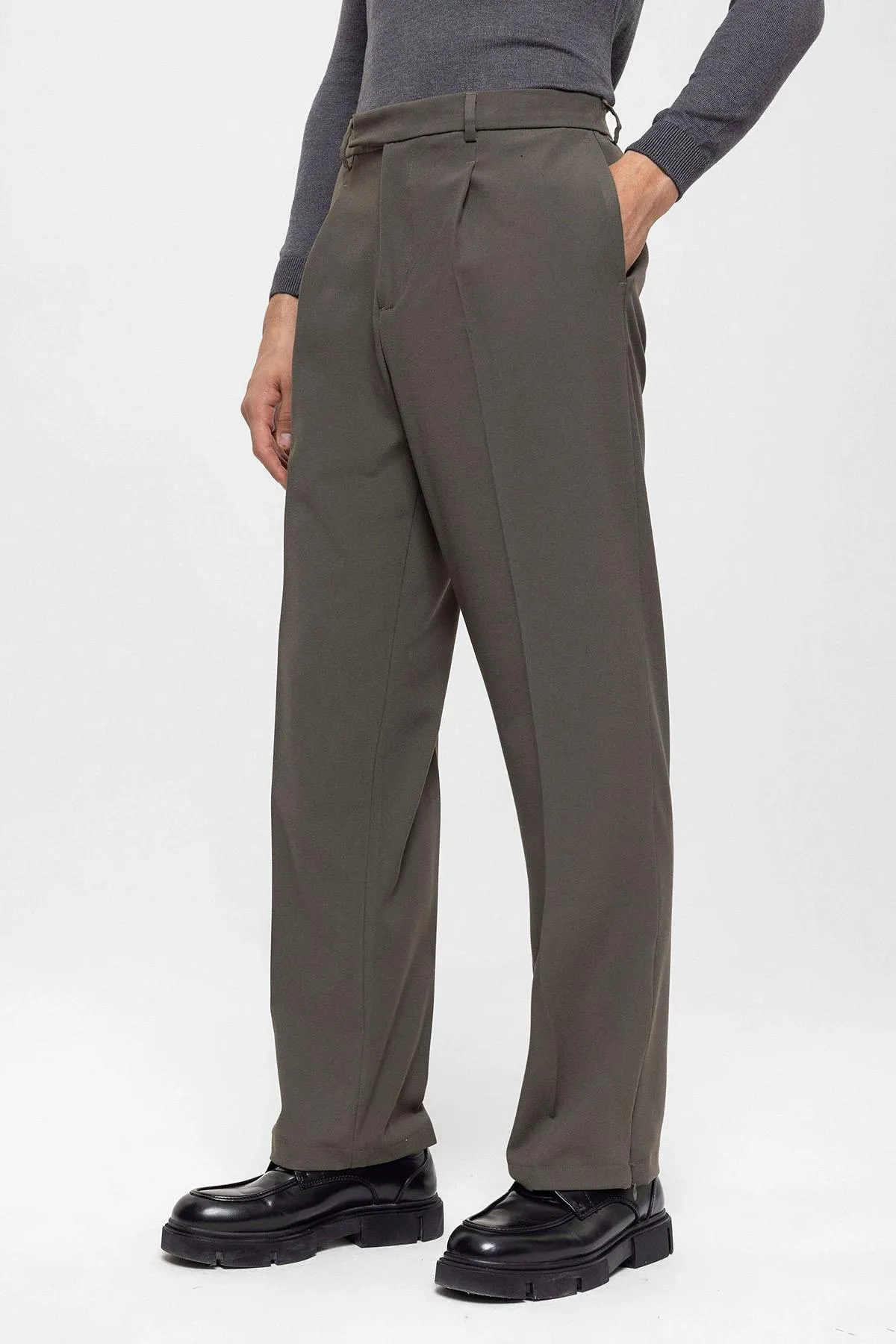 Dark Khaki High Waist Zippered Men's Trousers - Wessi sold by Wessi product image thumbnail 5