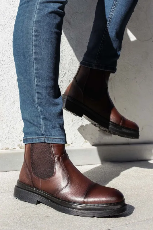 Men's Brown Leather Chelsea Boots with Chunky Sole - Wessi sold by Wessi