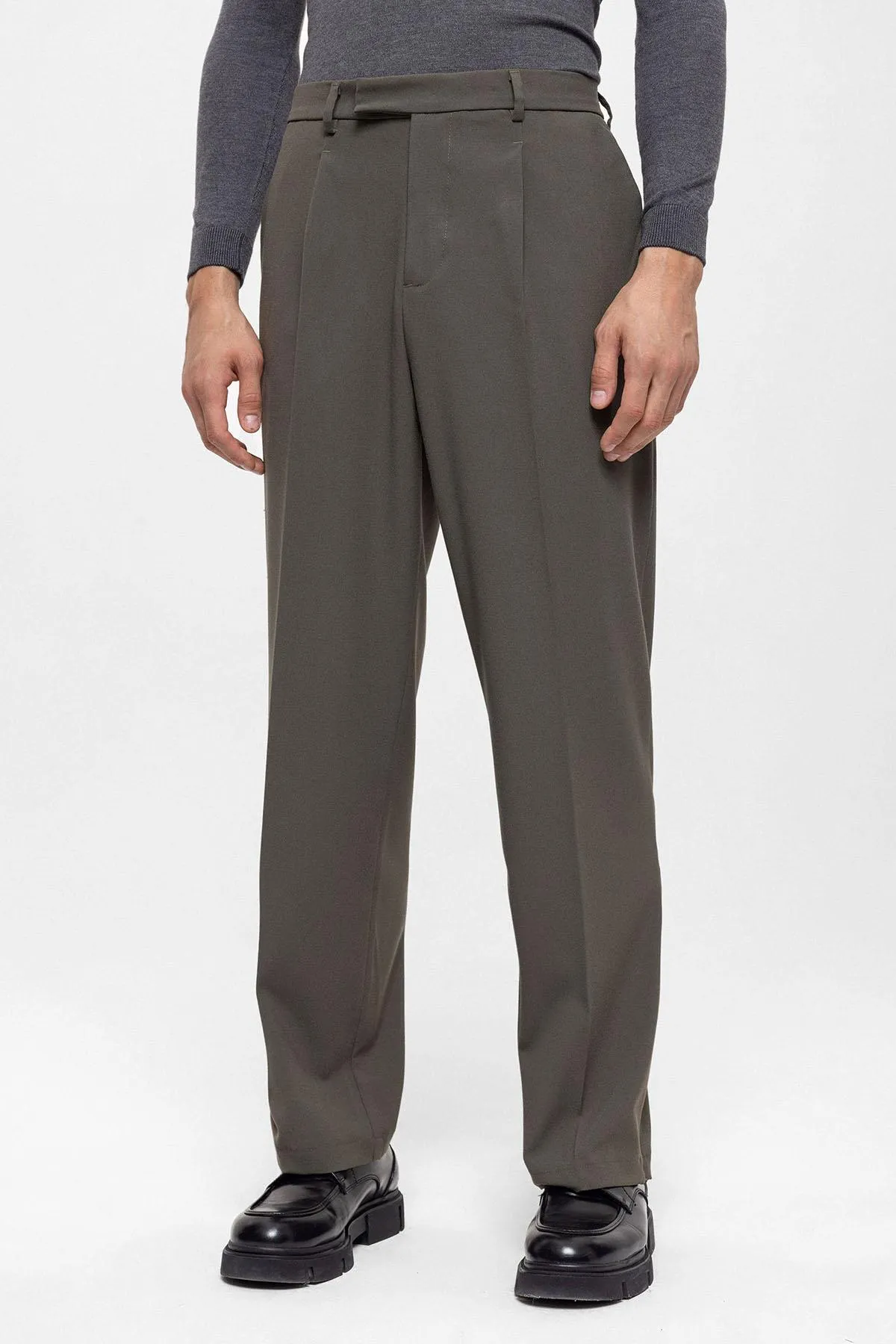 Dark Khaki High Waist Zippered Men's Trousers - Wessi sold by Wessi product image thumbnail 2