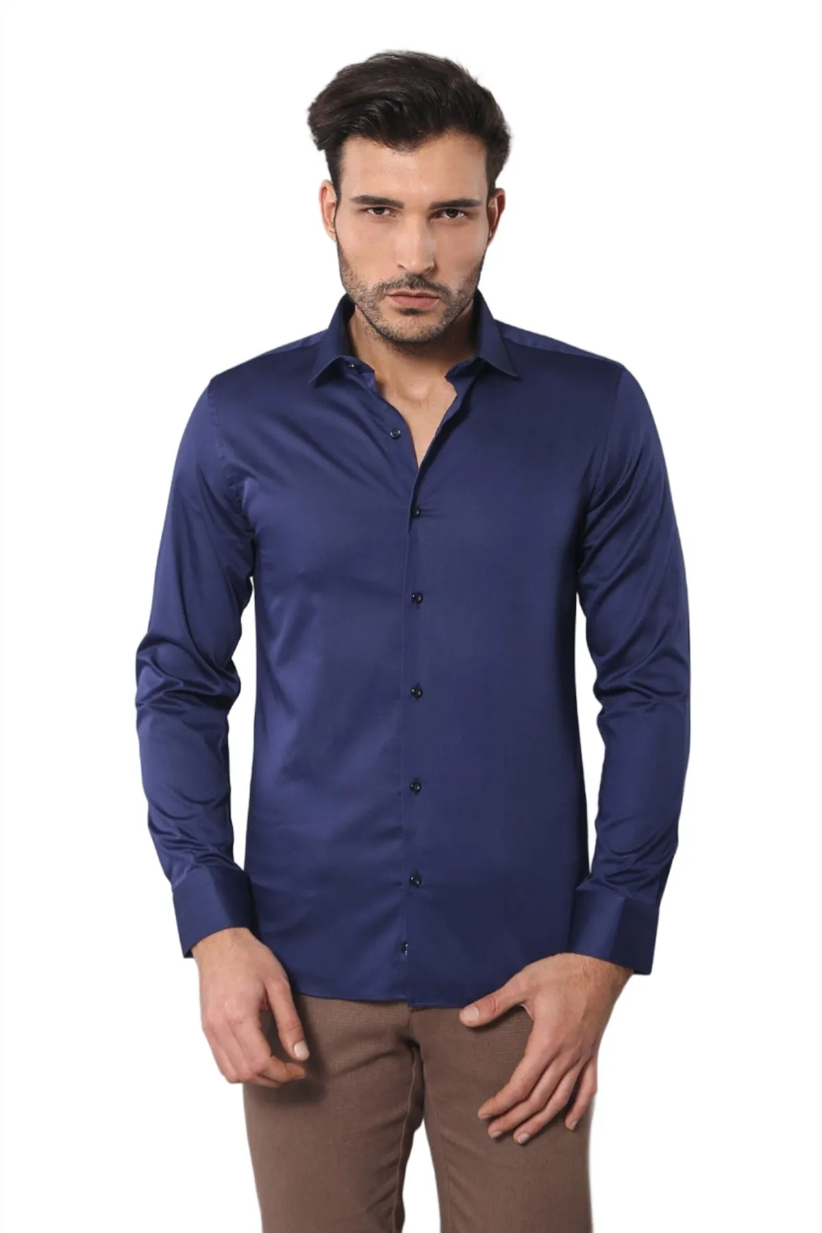 Cotton Satin Slim Fit Navy Blue Men Shirt - Wessi sold by Wessi