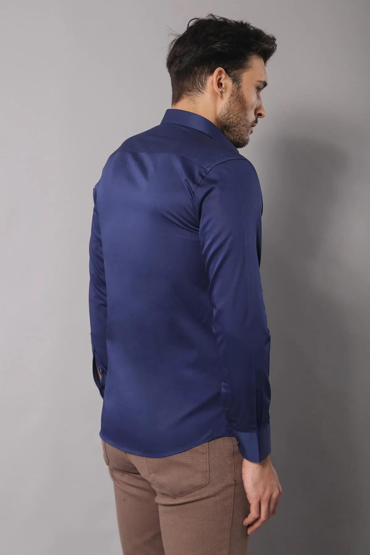 Cotton Satin Slim Fit Navy Blue Men Shirt - Wessi sold by Wessi product image thumbnail 4