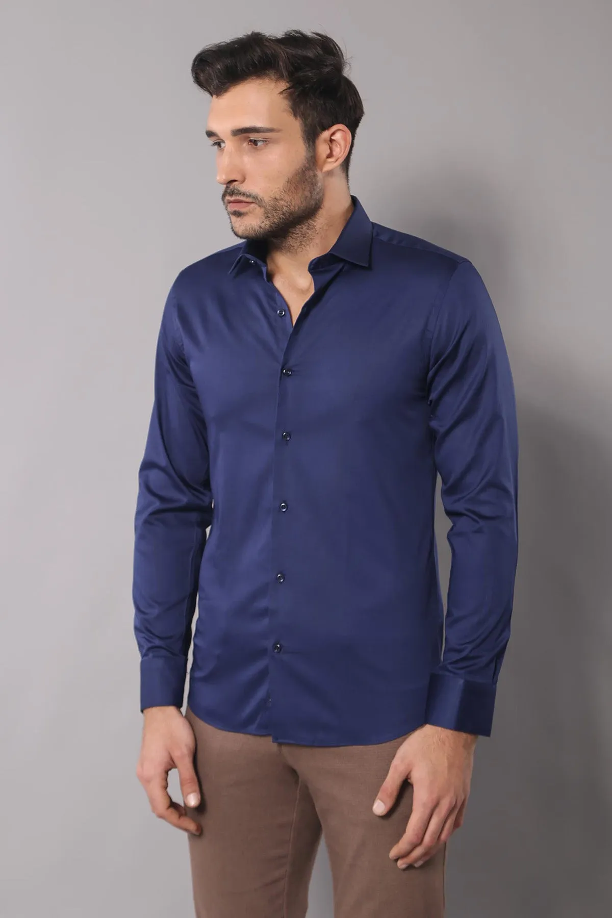 Cotton Satin Slim Fit Navy Blue Men Shirt - Wessi sold by Wessi product image thumbnail 3