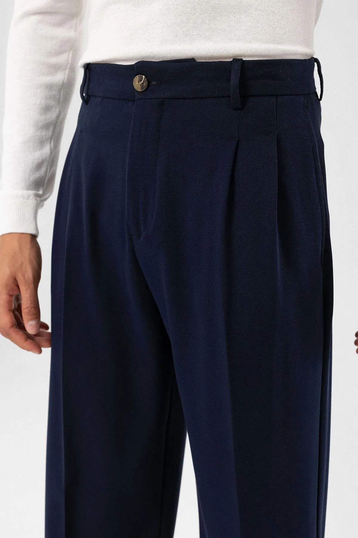 Dark Navy Blue High Waist Pleated Comfortable Fit Men's Trousers - Wessi sold by Wessi product image thumbnail 5