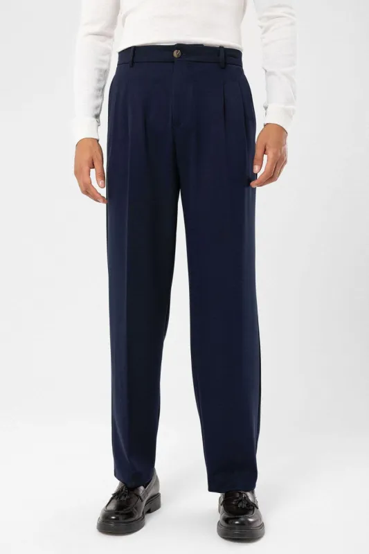 Dark Navy Blue High Waist Pleated Comfortable Fit Men's Trousers - Wessi sold by Wessi