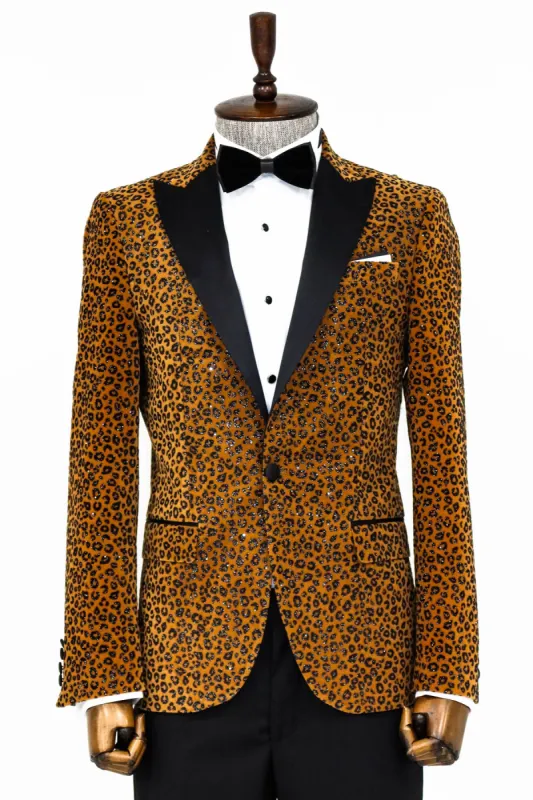 Leopard Pattern Slim Fit Peak Lapel Yellow Men Tuxedo Party Blazer sold by Wessi