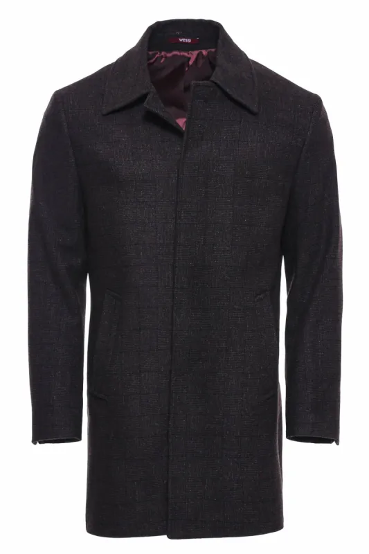 Burgundy Checked Hidden Button Peak Lapel Coat - Wessi sold by Wessi