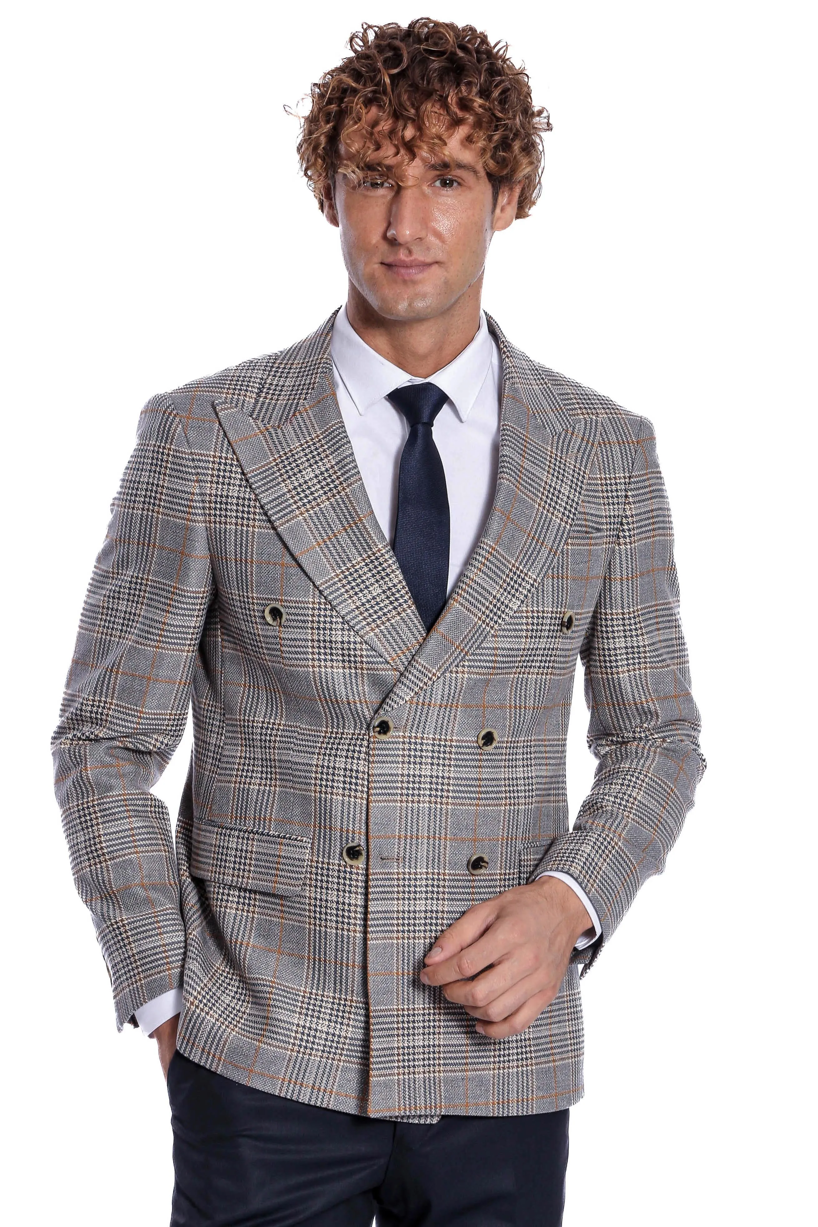Double Breasted Checked Anthracite Men Blazer - Wessi sold by Wessi