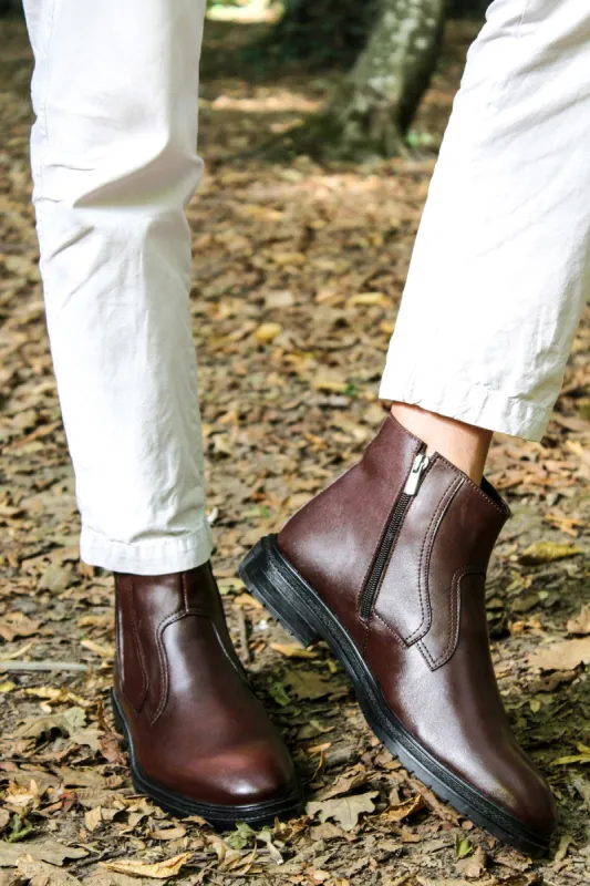 Brown Leather Zip-Up Boots-Wessi sold by Wessi