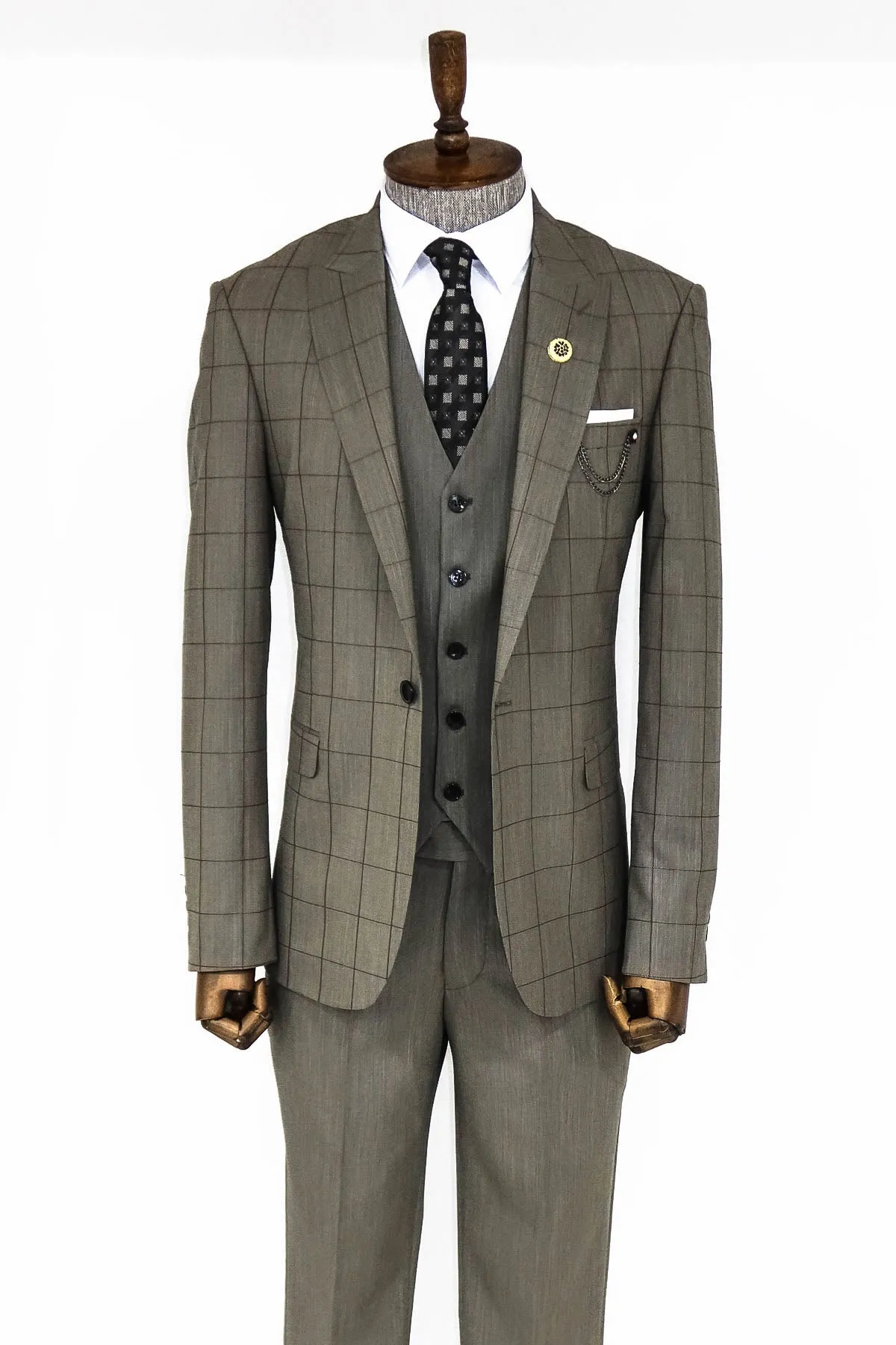 Cream Plaid Peak Lapel 3 Piece Suit - Wessi sold by Wessi product image thumbnail 4