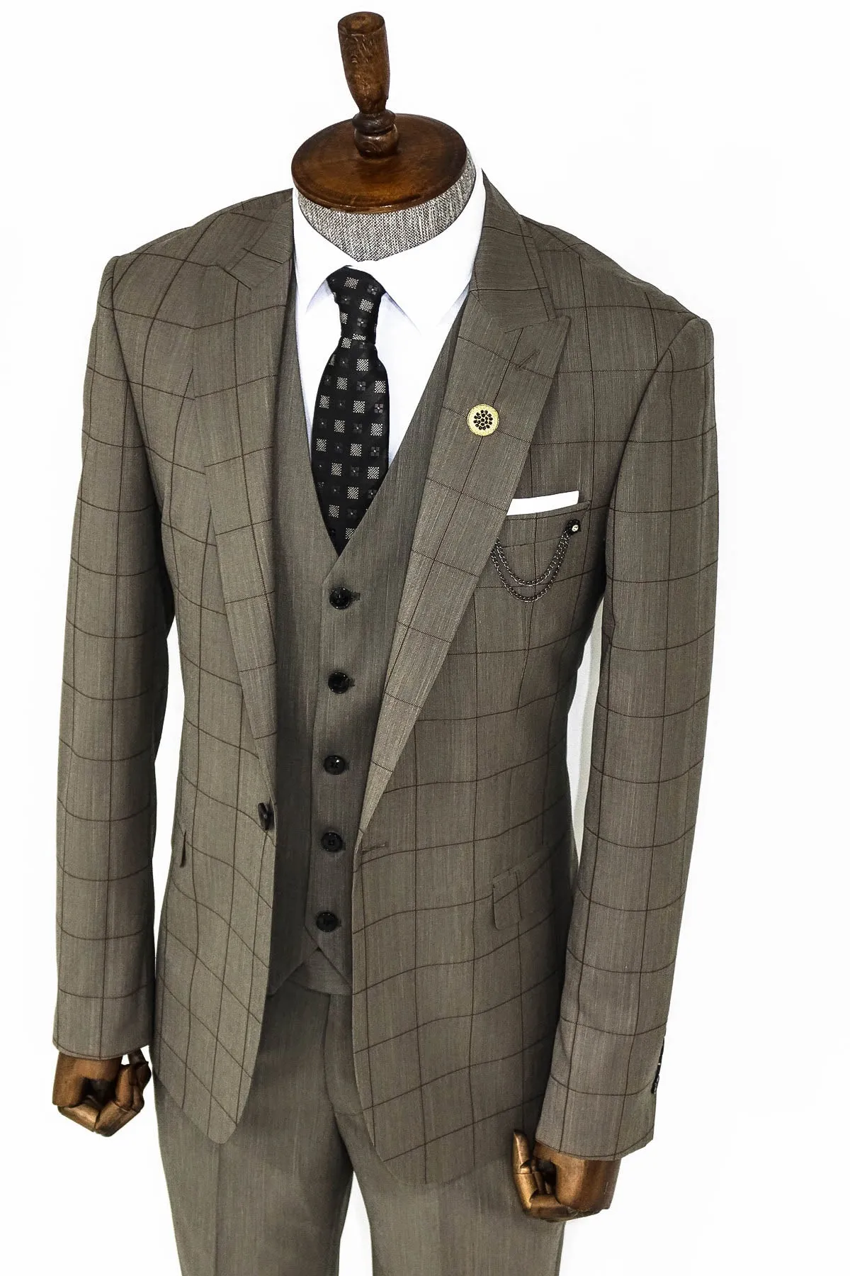 Cream Plaid Peak Lapel 3 Piece Suit - Wessi sold by Wessi product image thumbnail 3