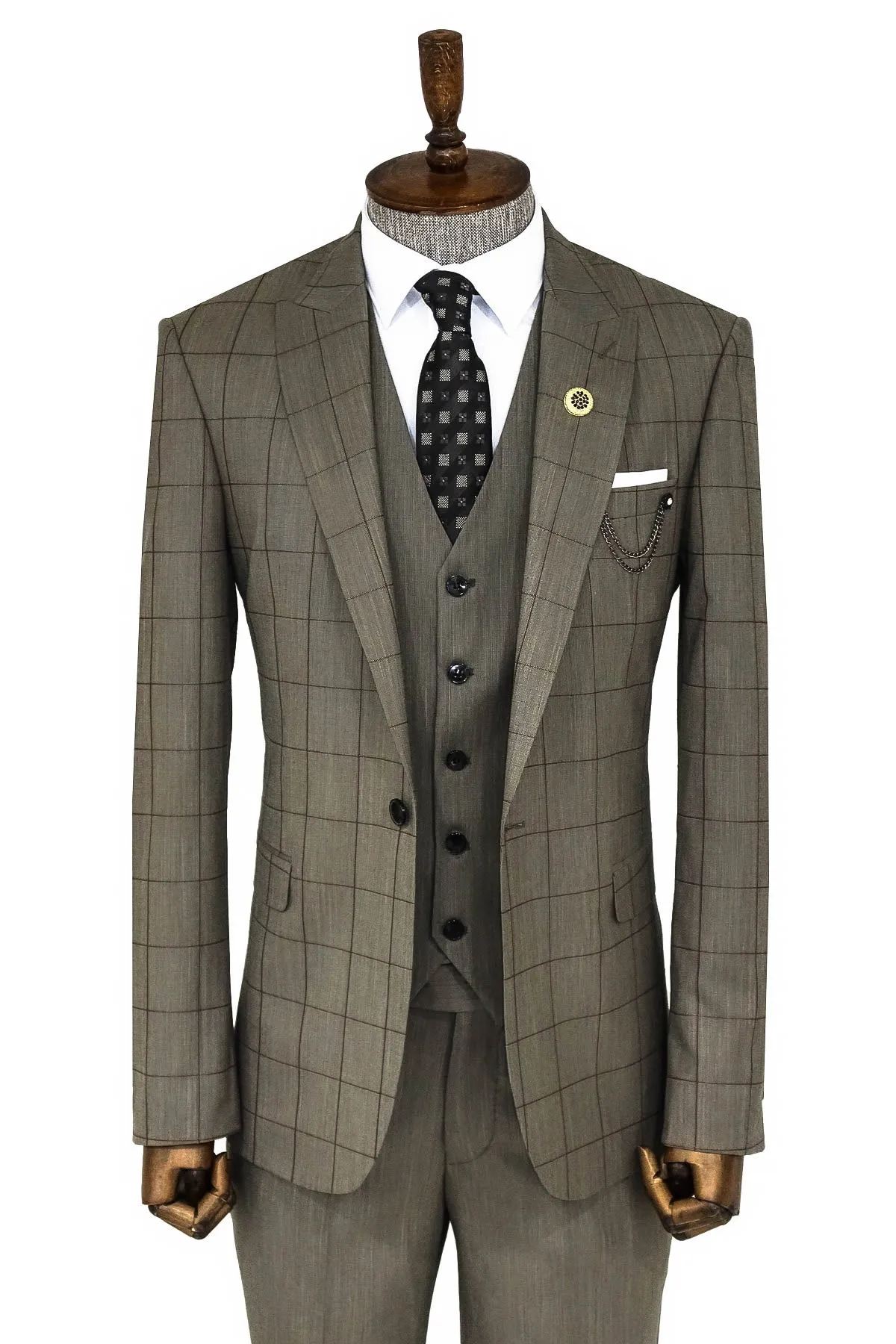 Cream Plaid Peak Lapel 3 Piece Suit - Wessi sold by Wessi
