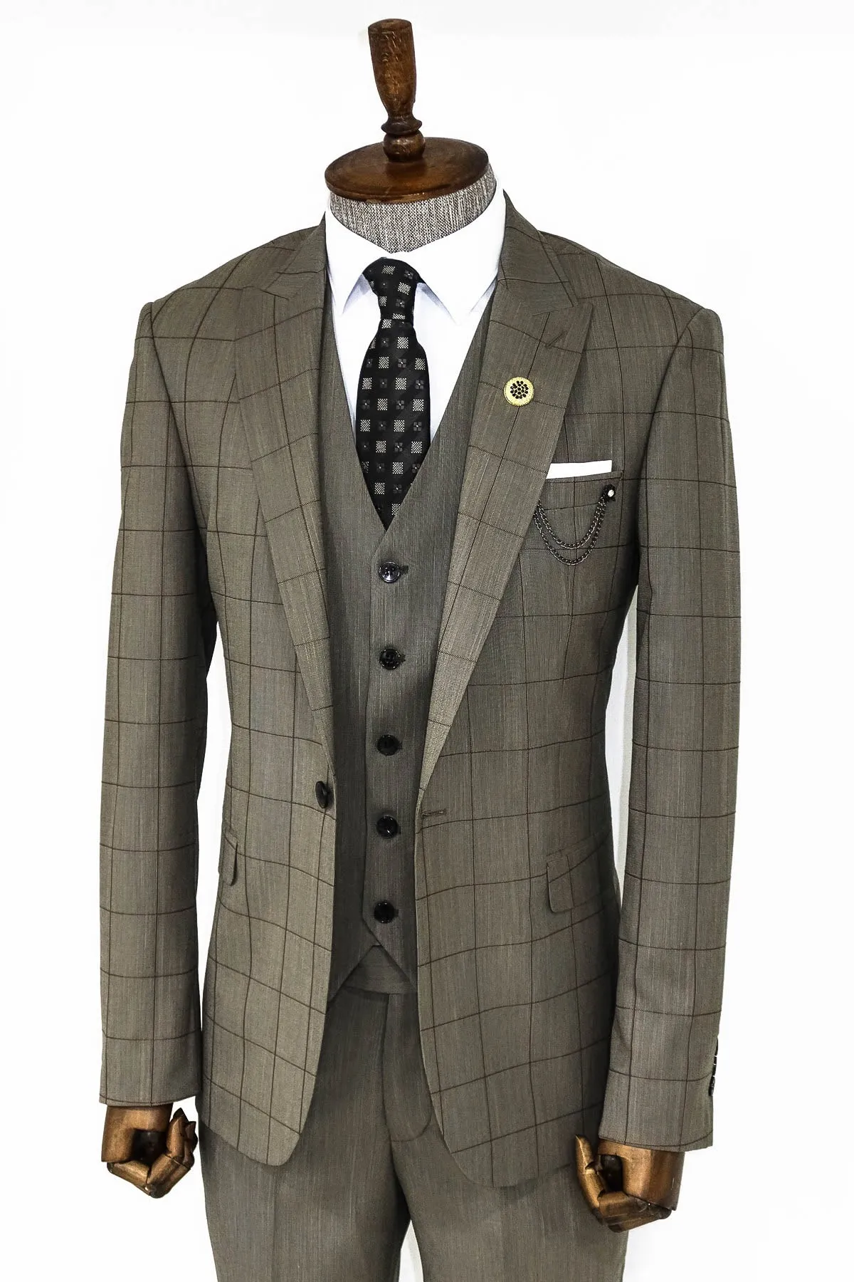 Cream Plaid Peak Lapel 3 Piece Suit - Wessi sold by Wessi product image thumbnail 5