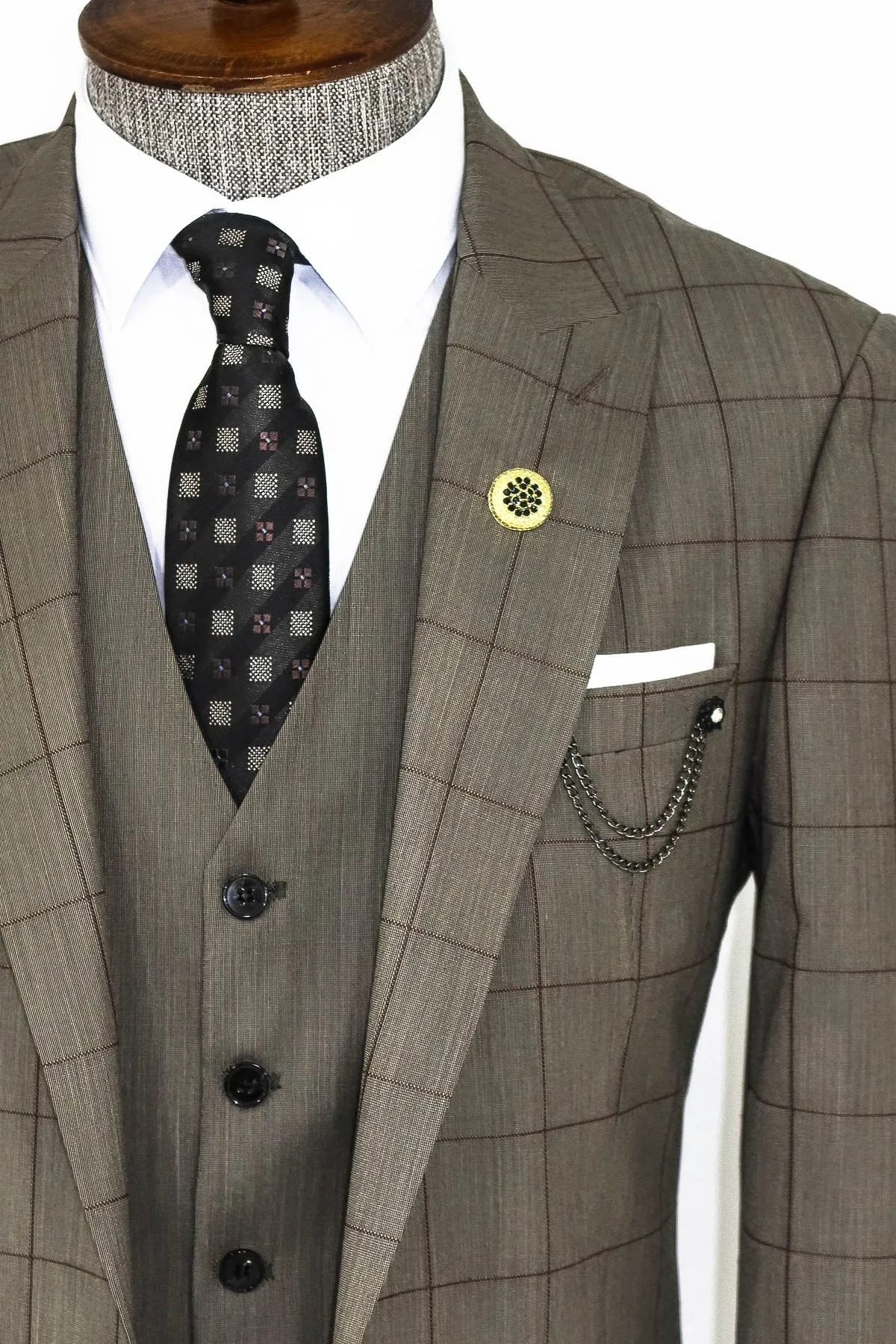 Cream Plaid Peak Lapel 3 Piece Suit - Wessi sold by Wessi product image thumbnail 2