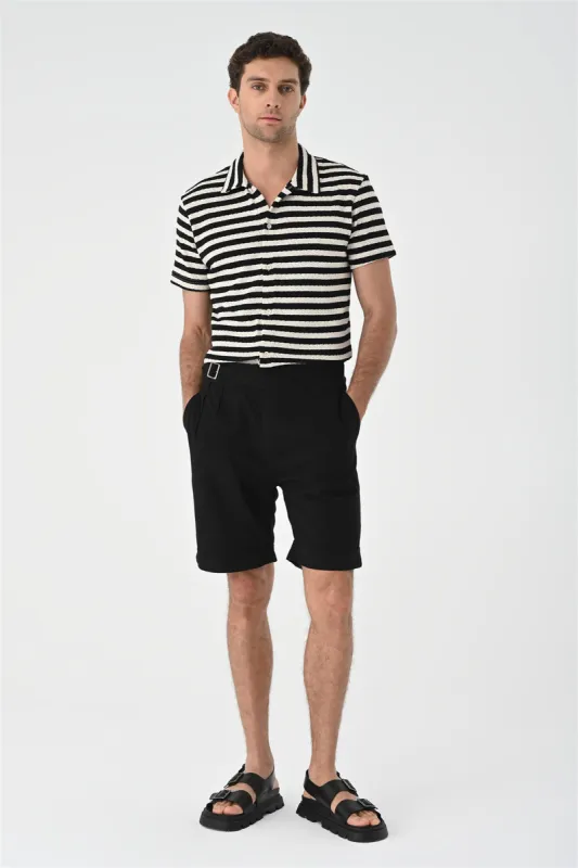 Men's Black Short Sleeve Striped Knitwear Shirt - Wessi sold by Wessi