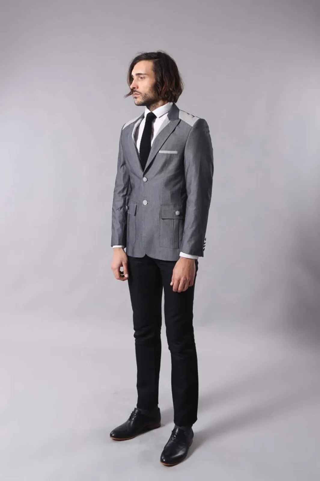 Double Button Bag Pocket Pointed Collar Grey Jacket-Wessi sold by Wessi product image thumbnail 3