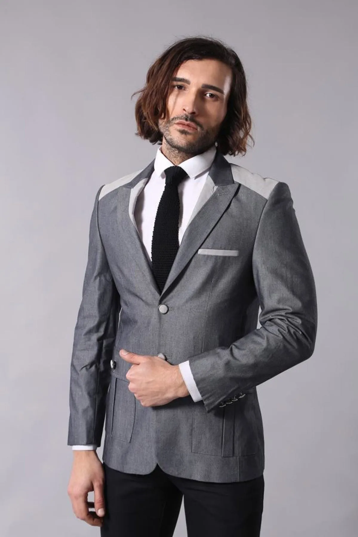 Double Button Bag Pocket Pointed Collar Grey Jacket-Wessi sold by Wessi