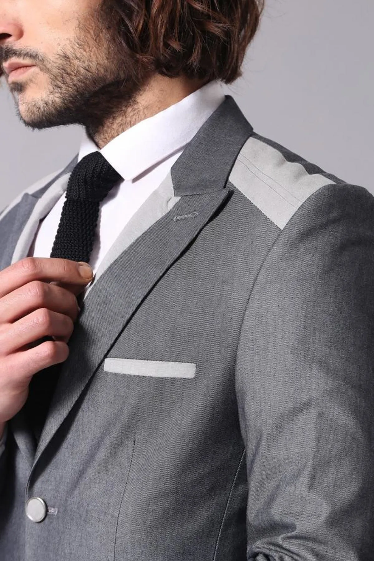 Double Button Bag Pocket Pointed Collar Grey Jacket-Wessi sold by Wessi product image thumbnail 2