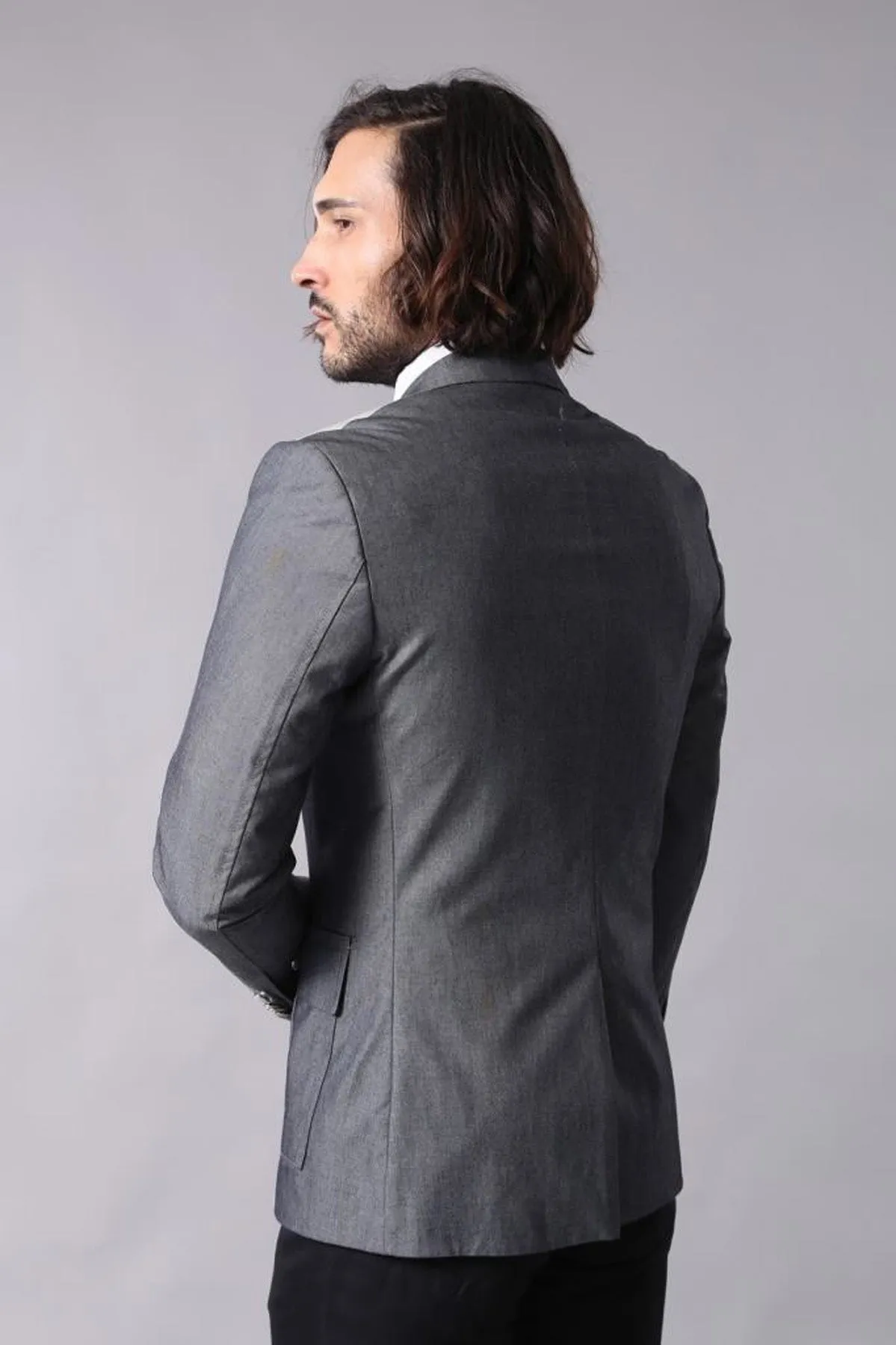 Double Button Bag Pocket Pointed Collar Grey Jacket-Wessi sold by Wessi product image thumbnail 4