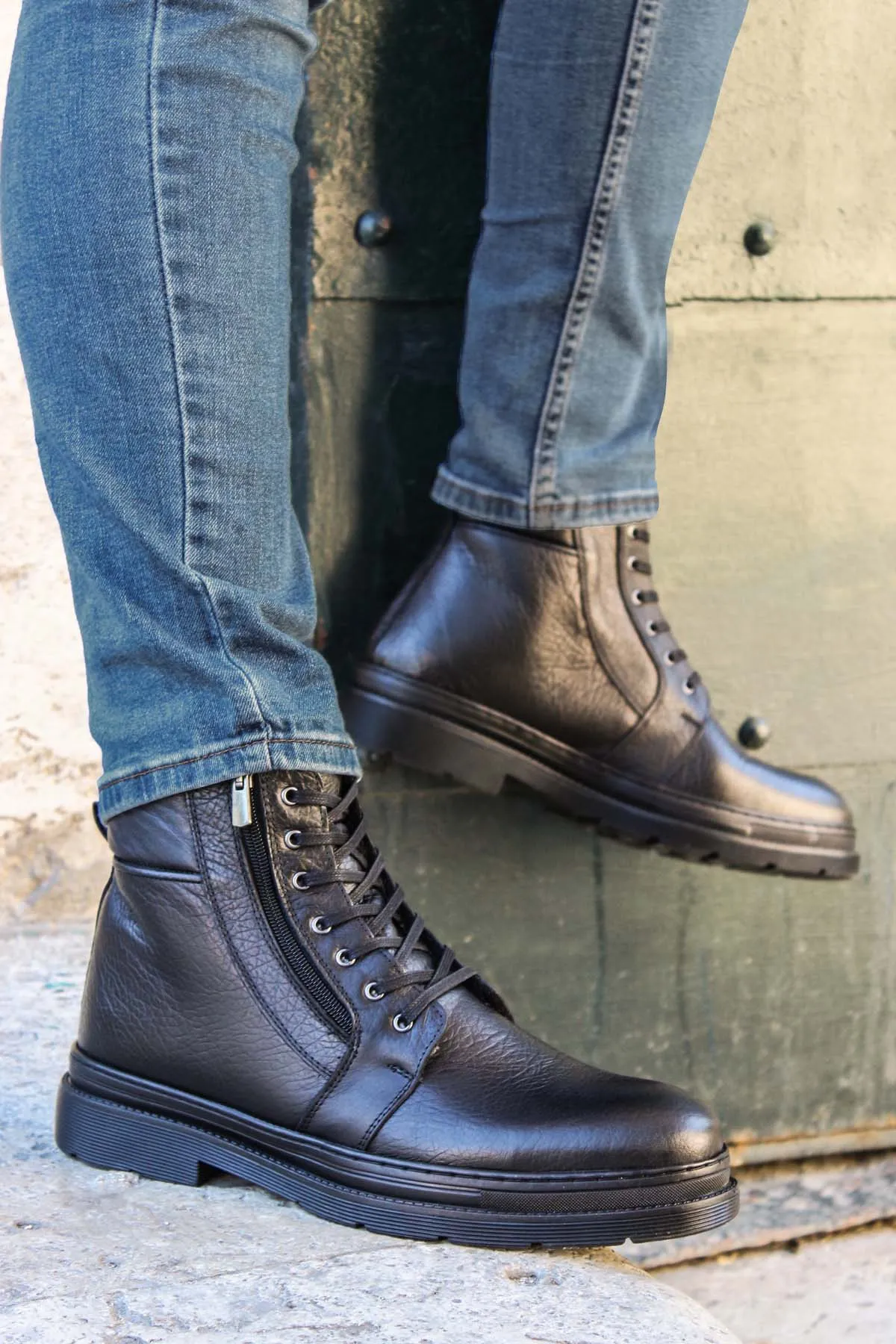 Men's Black Leather Ankle Boots with Side Zipper and Lace-Up Design - Wessi sold by Wessi