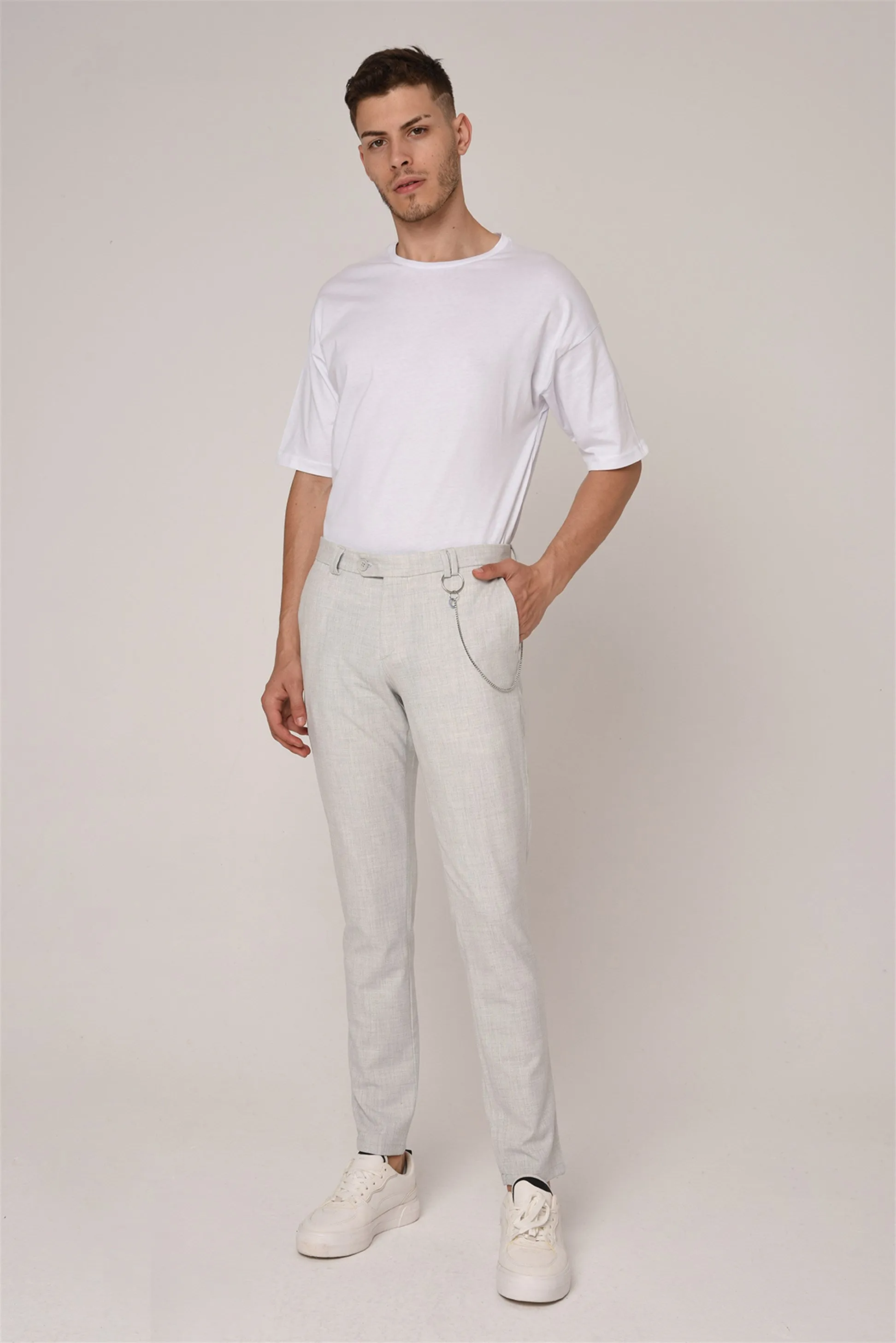 Men's Silver Slim Fit Straight Accessory Fabric Trousers - Wessi sold by Wessi