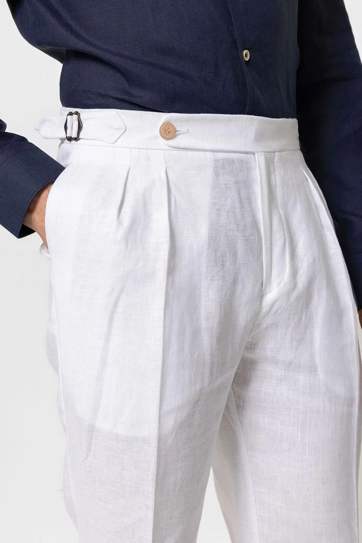 Men's White High-Waist 100% Linen Pleated Pants - Wessi sold by Wessi product image thumbnail 4