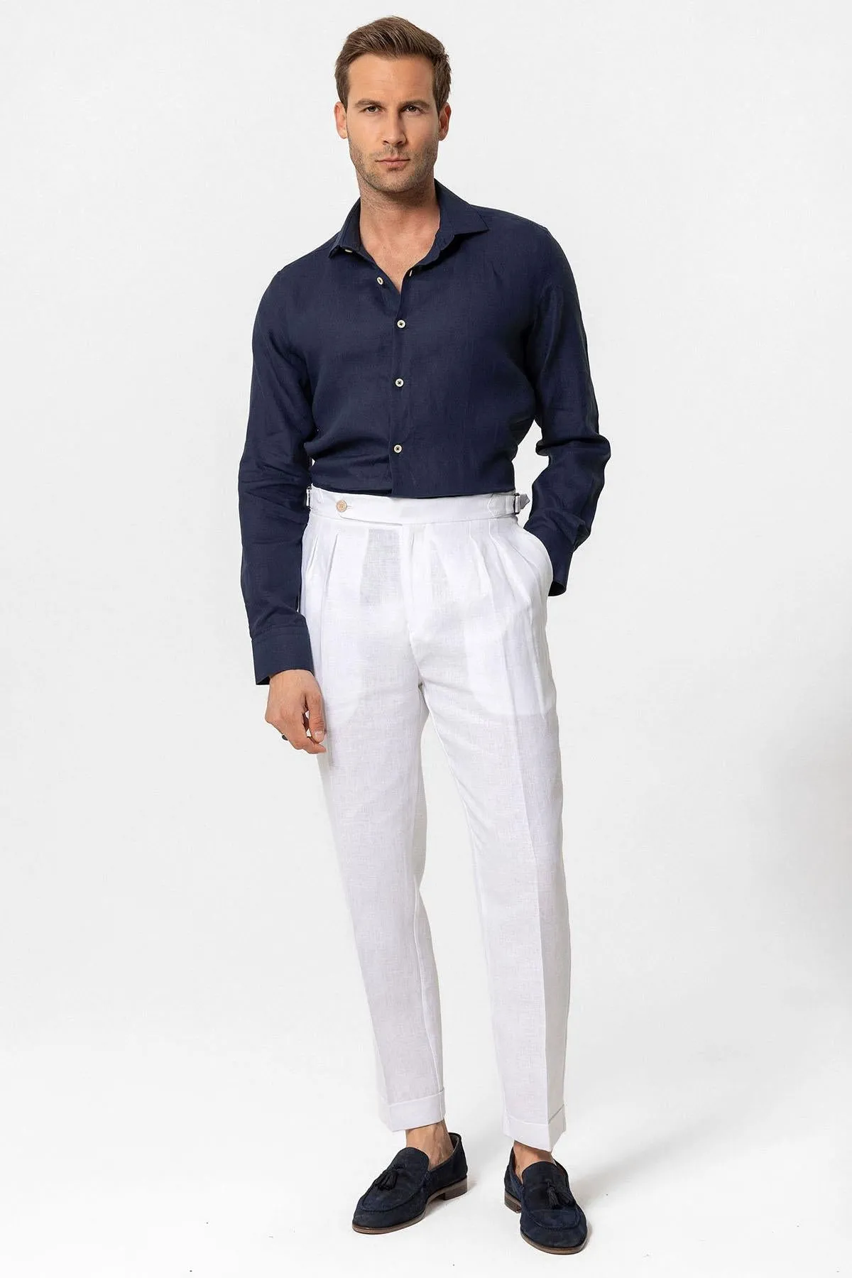 Men's White High-Waist 100% Linen Pleated Pants - Wessi sold by Wessi product image thumbnail 2