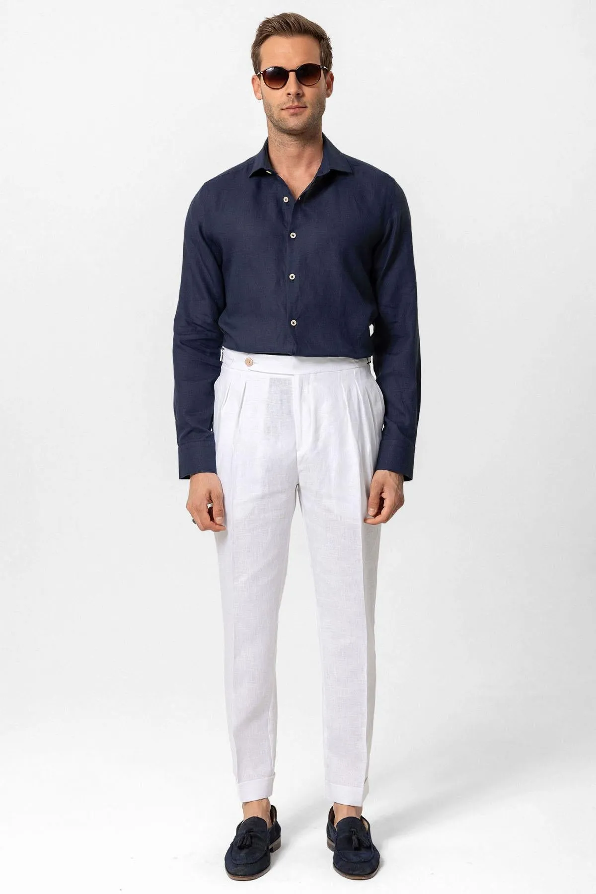 Men's White High-Waist 100% Linen Pleated Pants - Wessi sold by Wessi product image thumbnail 3