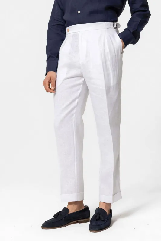 Men's White High-Waist 100% Linen Pleated Pants - Wessi sold by Wessi