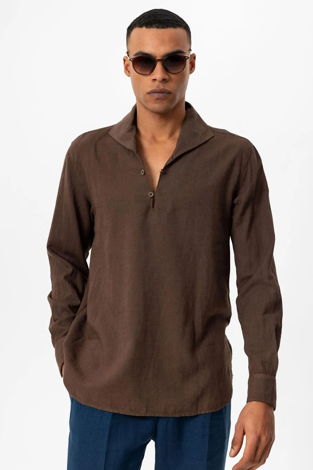 Men's Brown Camp Collar Button-Down Shirt - Wessi sold by Wessi product image thumbnail 2