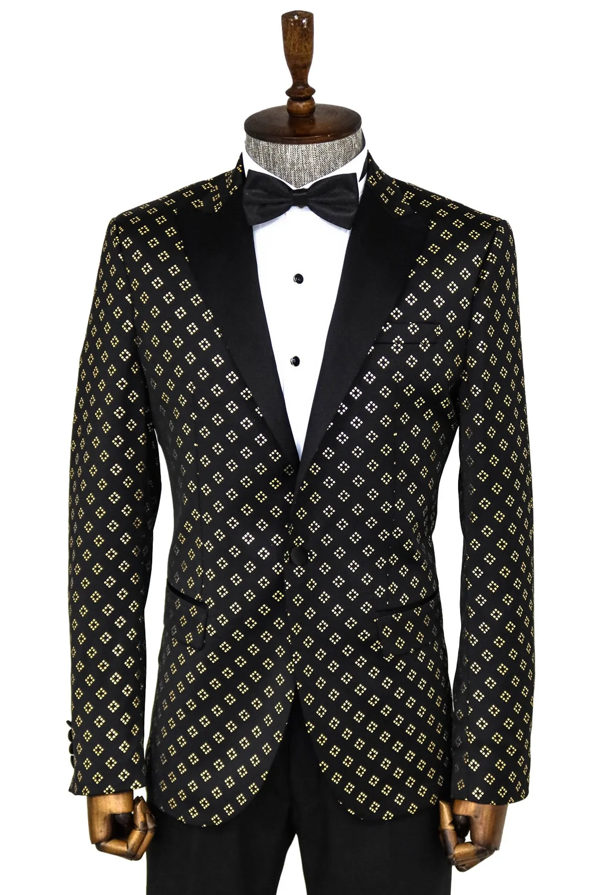 Gold Diamond Pattern Over Black Tuxedo Blazer - Wessi sold by Wessi