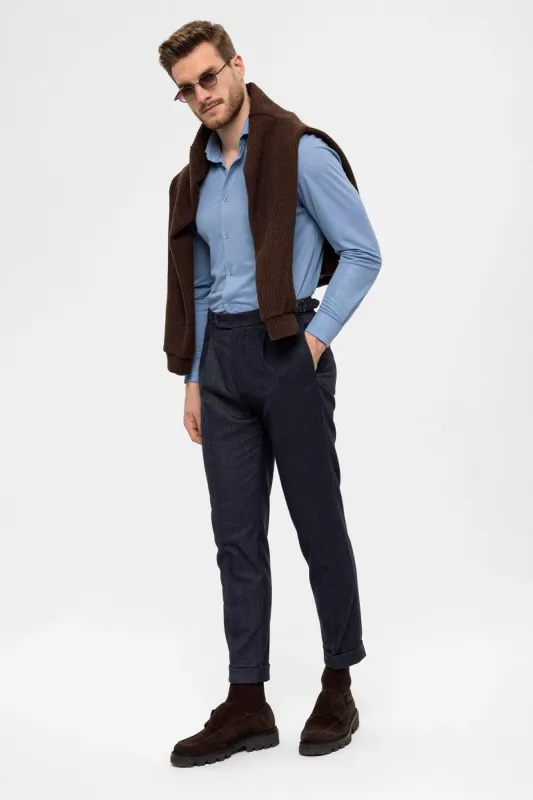 Men's Navy Blue High Waist Pleated  Trousers - Wessi sold by Wessi