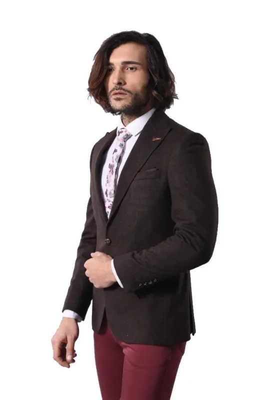 Single Button Pointed Wide Collar Brown Blazer - Wessi sold by Wessi
