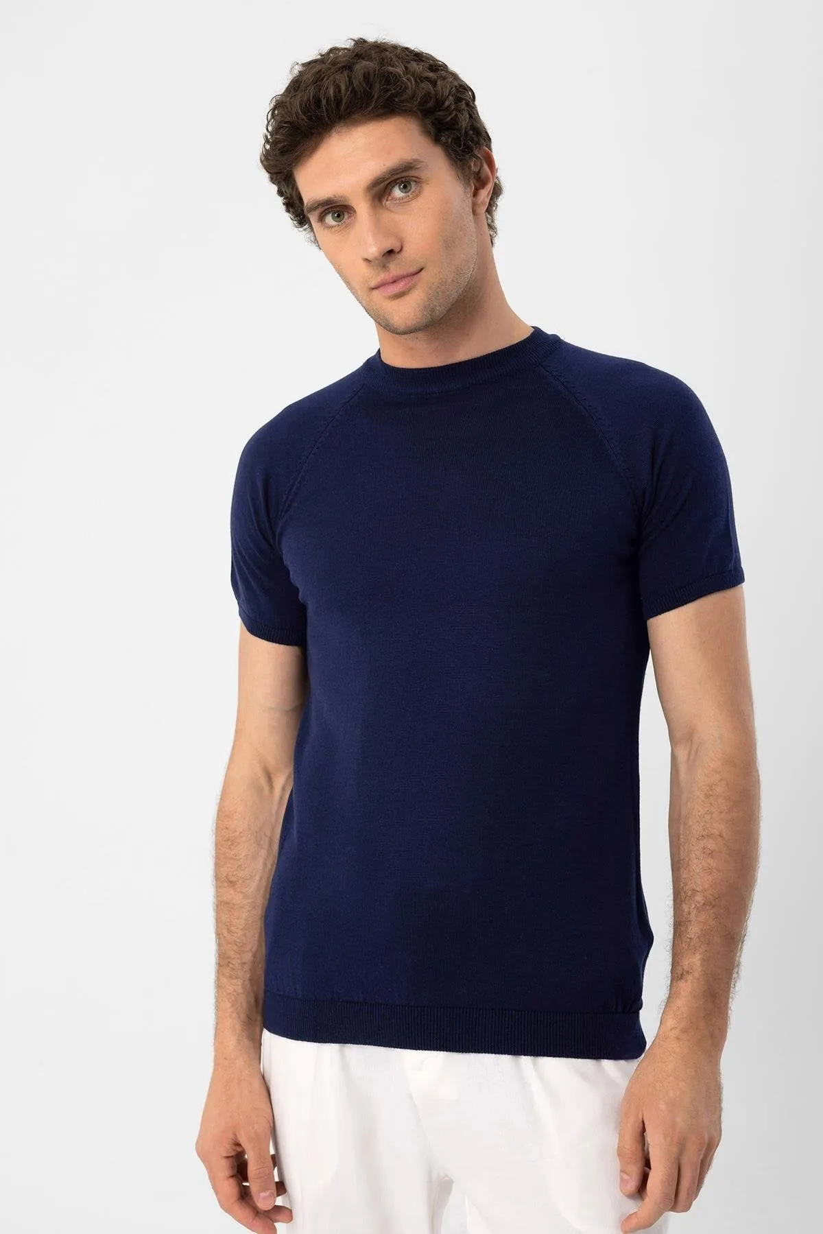 Navy Blue Crew Neck Knitwear T-Shirt - Wessi sold by Wessi